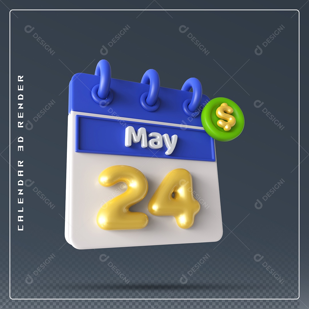 Calendário Do mês Maio Dia 24Elemento 3D Azul Dourado e Branco Para Composição PSD