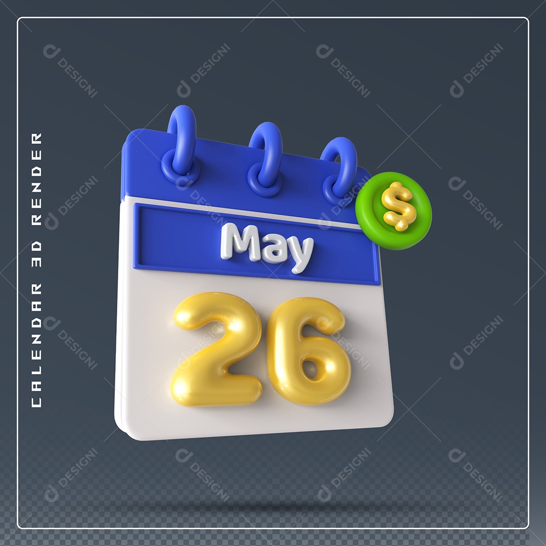 Calendário Do mês Maio Dia 26 Elemento 3D Azul Dourado e Branco Para Composição PSD