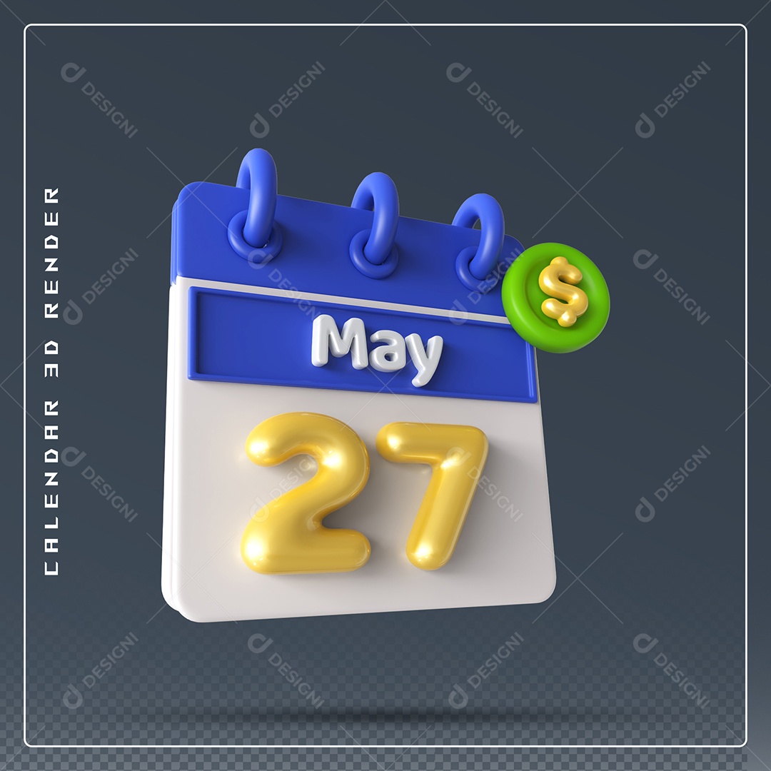 Calendário Do mês Maio Dia 27 Elemento 3D Azul Dourado e Branco Para Composição PSD