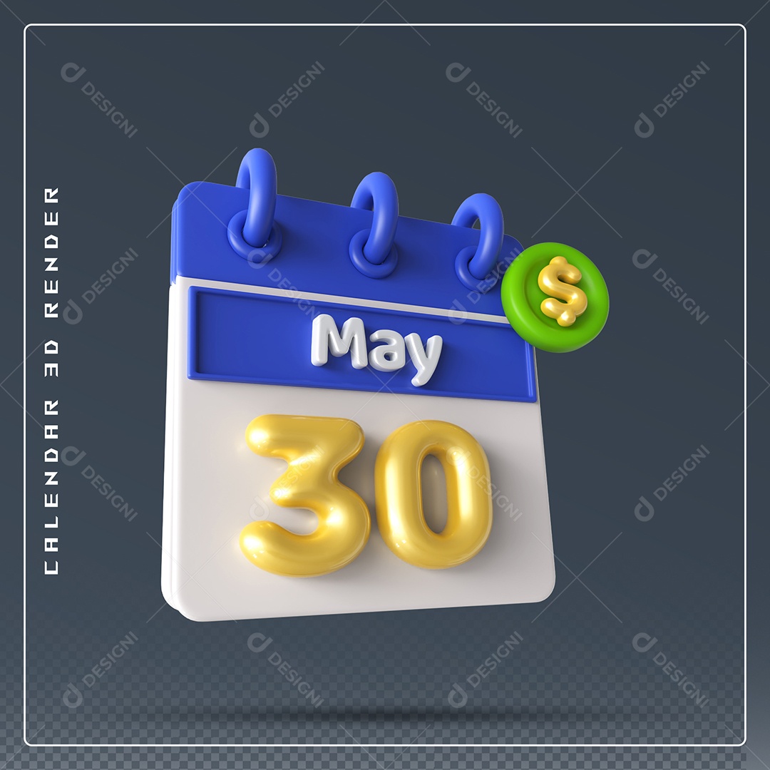 Calendário Do mês Maio Dia 30 Elemento 3D Azul Dourado e Branco Para Composição PSD