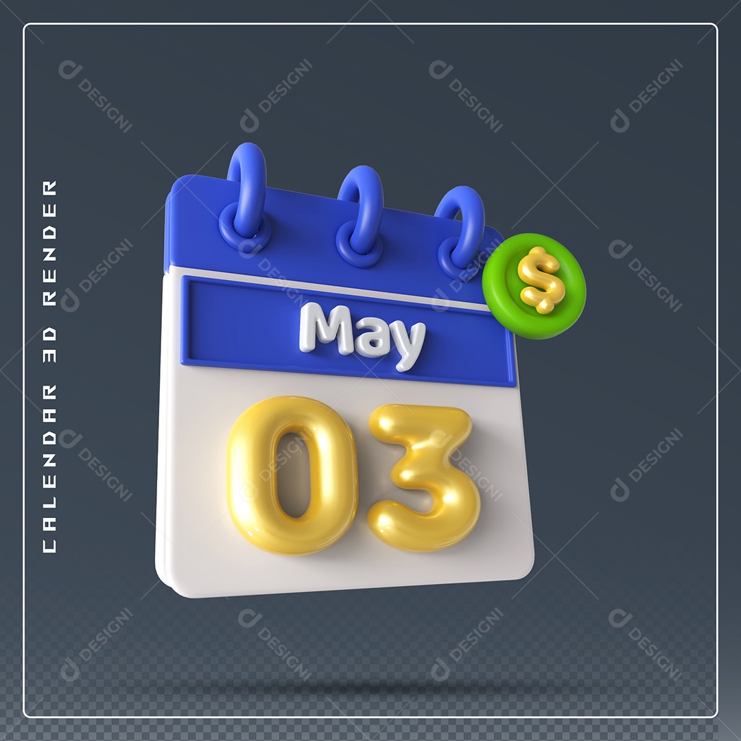 Calendário Do mês Maio Dia 03 Elemento 3D Azul Dourado e Branco Para Composição PSD