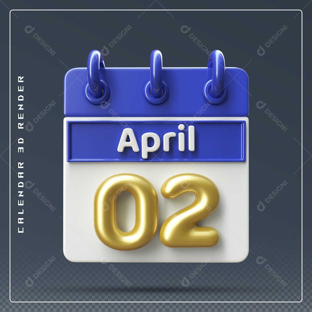 Calendário Do mês Abril Dia 02 Elemento 3D Dourado Azul e Branco Para Composição PSD