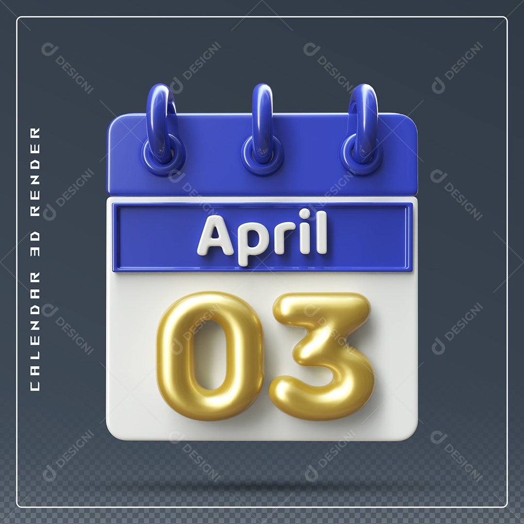 Calendário Do mês Abril Dia 03 Elemento 3D Dourado Azul e Branco Para Composição PSD