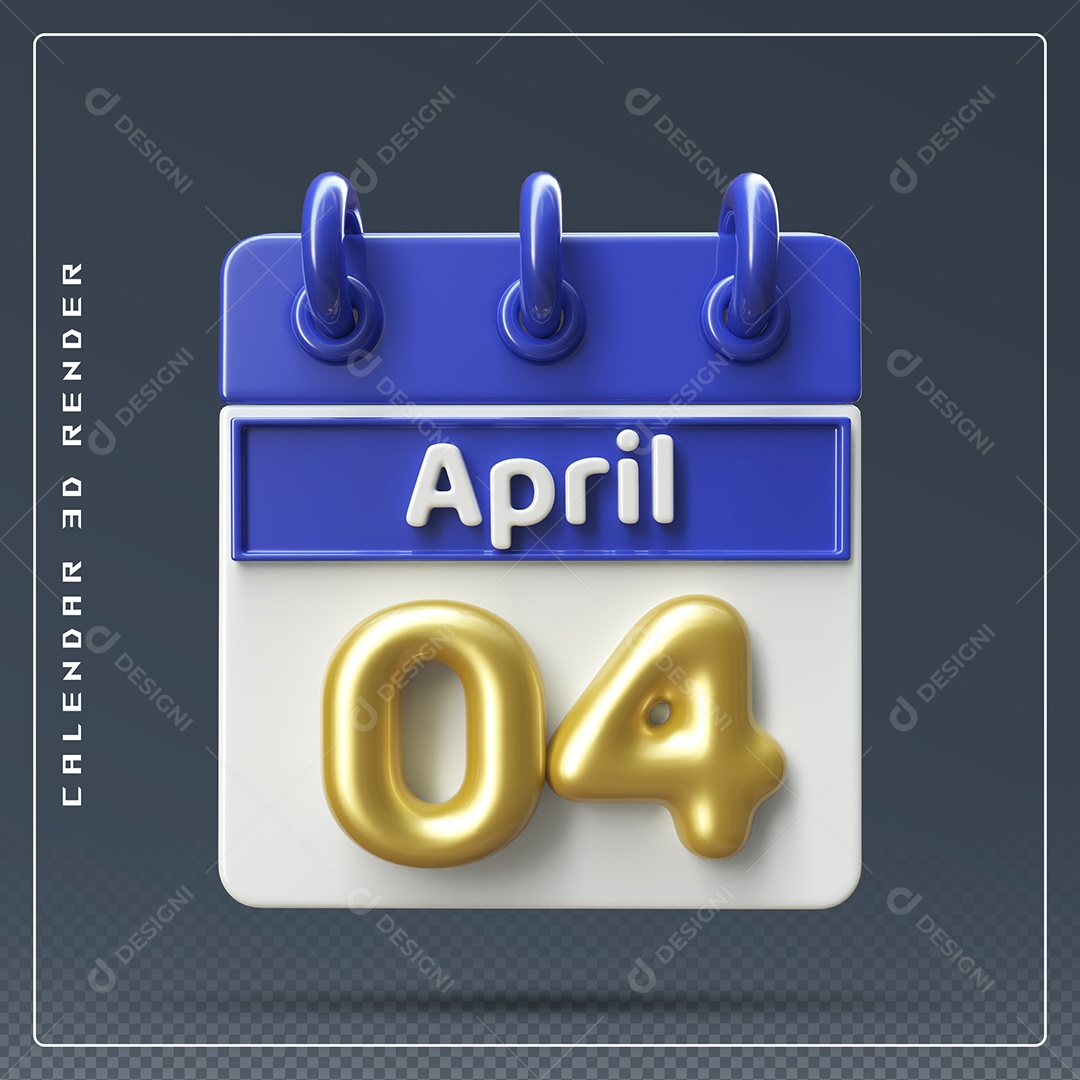 Calendário Do mês Abril Dia 04 Elemento 3D Dourado Azul e Branco Para Composição PSD
