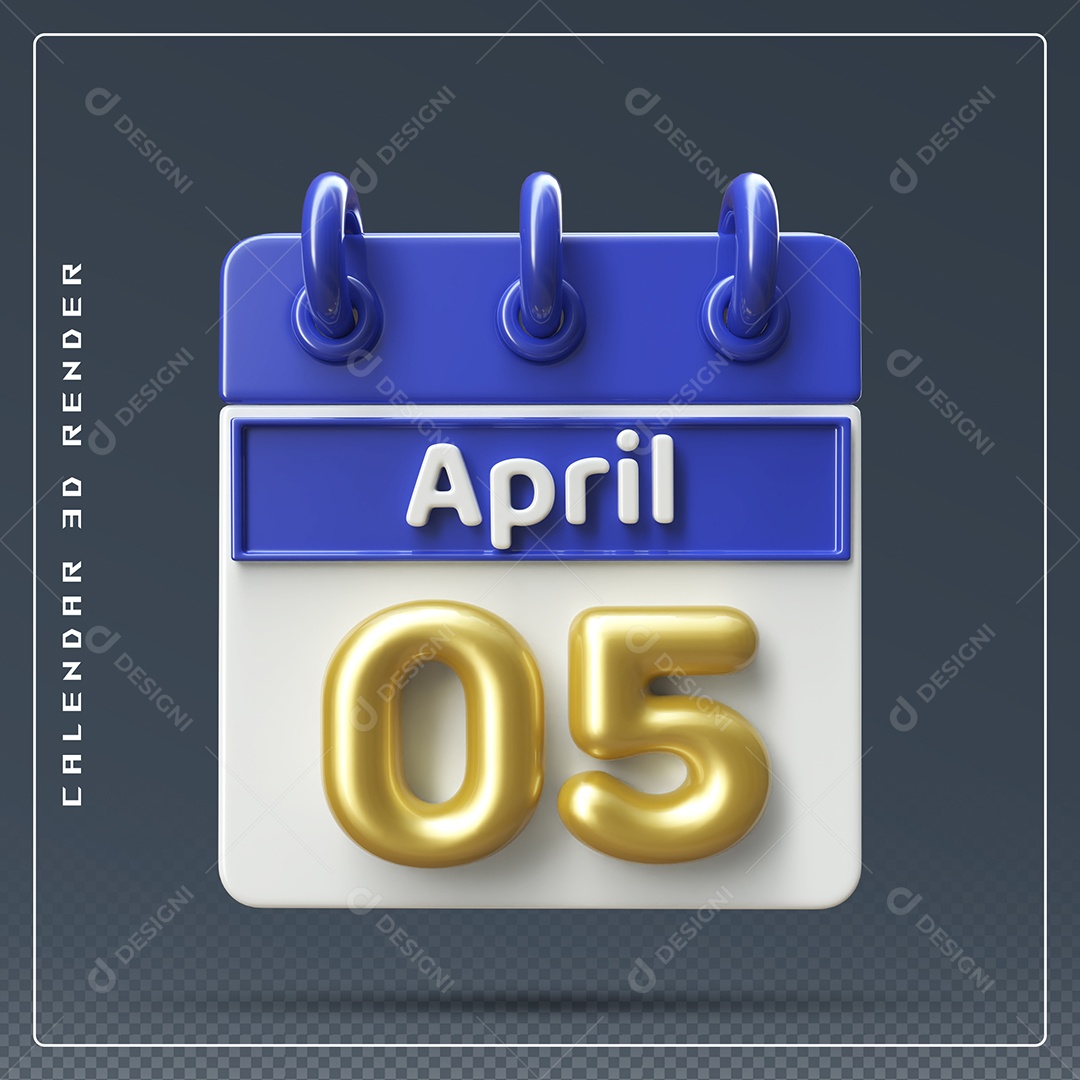 Calendário Do mês Abril Dia 05 Elemento 3D Dourado Azul e Branco Para Composição PSD