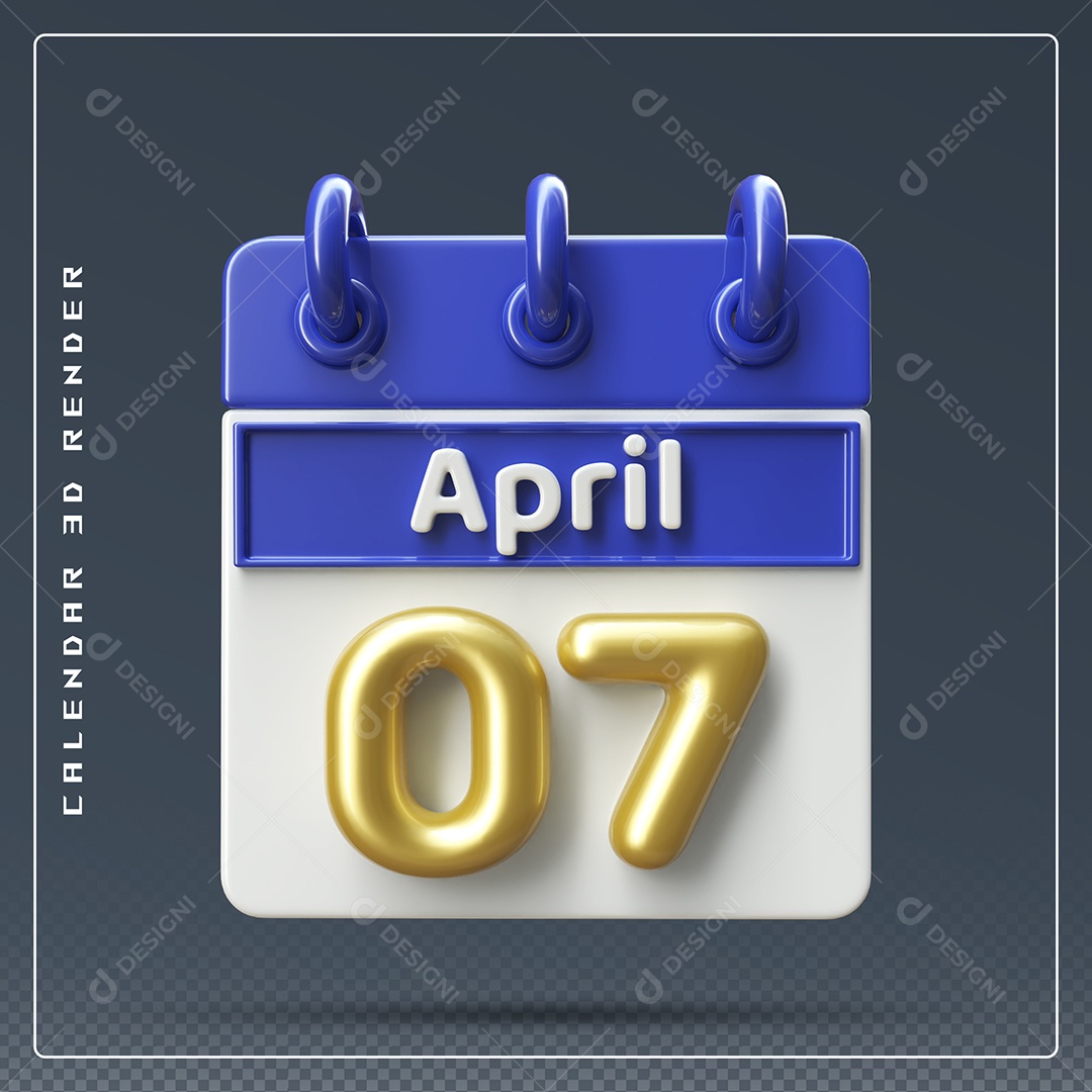 Calendário Do mês Abril Dia 07 Elemento 3D Dourado Azul e Branco Para Composição PSD