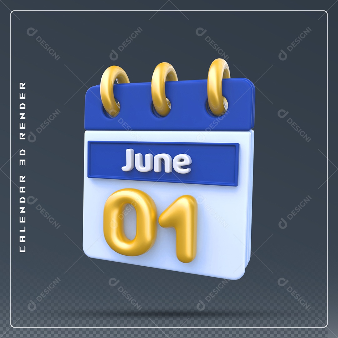 Calendário Do mês Junho Dia 01 Elemento 3D Dourado Azul Para Composição PSD