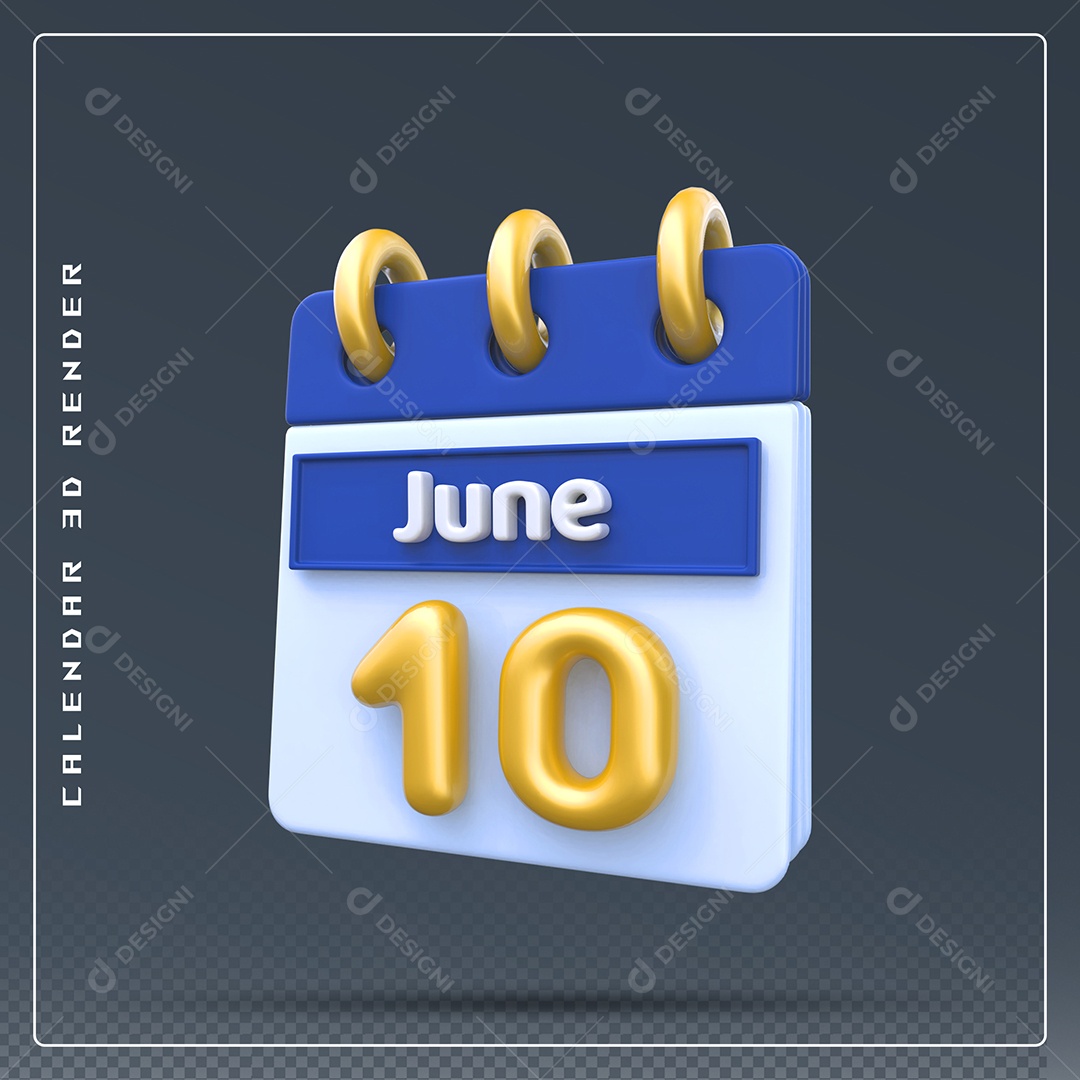 Calendário Do mês Junho Dia 10 Elemento 3D Dourado Azul Para Composição PSD
