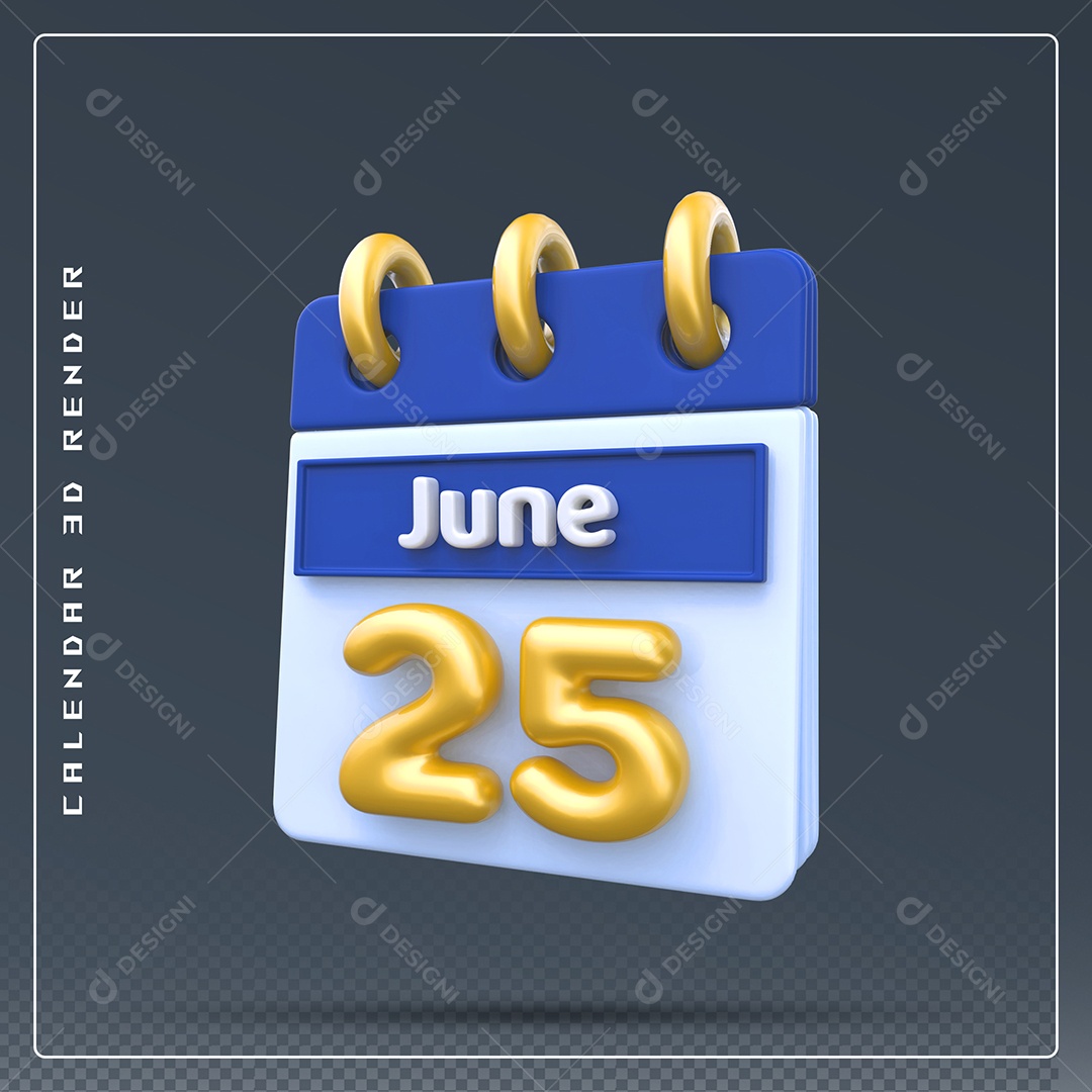 Calendário Do mês Junho Dia 25 Elemento 3D Dourado Azul Para Composição PSD