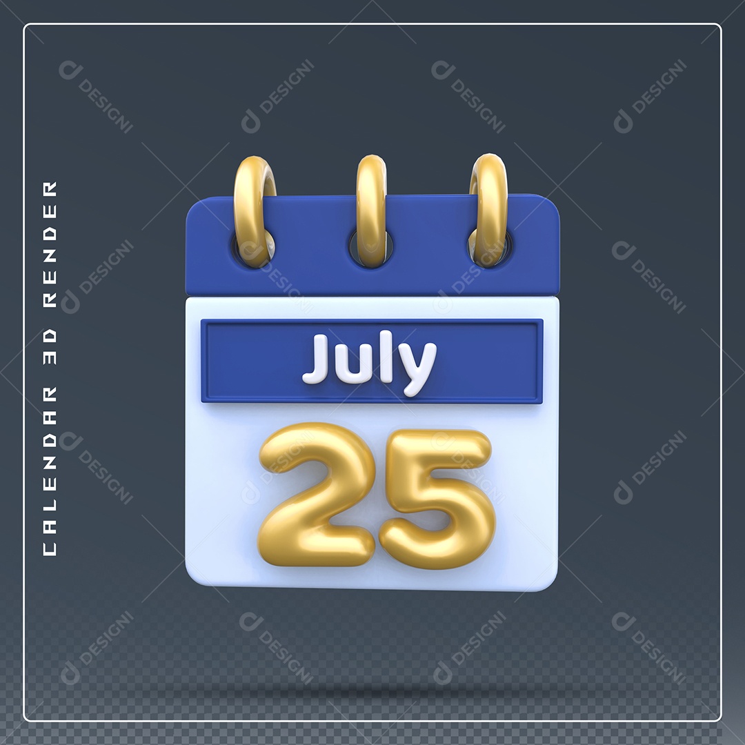 Calendário Do mês Julho Dia 25 Elemento 3D Dourado Azul Para Composição PSD