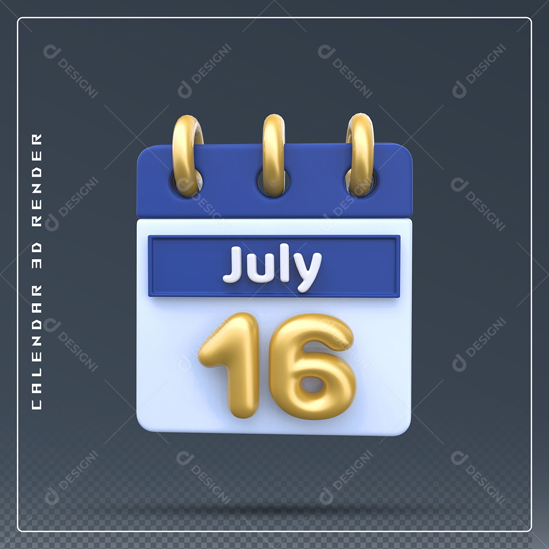 Calendário Do mês Julho Dia 16 Elemento 3D Dourado Azul Para Composição PSD