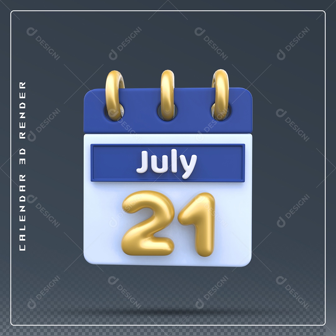 Calendário Do mês Julho Dia 21 Elemento 3D Dourado Azul Para Composição PSD