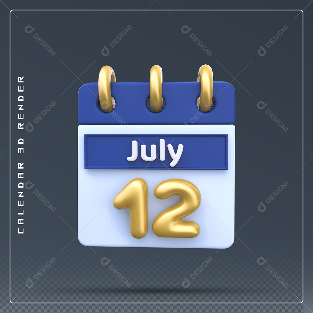 Calendário Do mês Julho Dia 12 Elemento 3D Dourado Azul Para Composição PSD