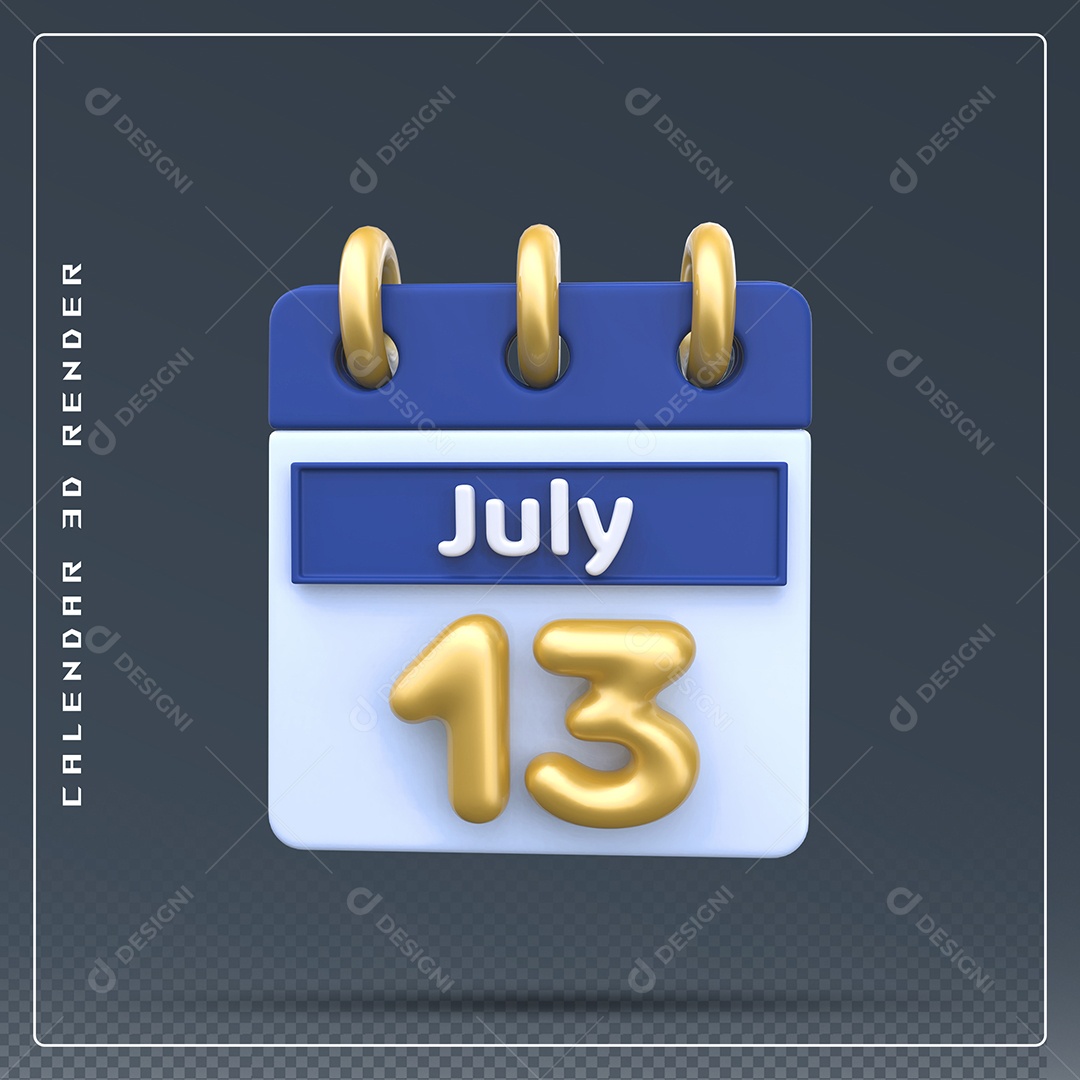 Calendário Do mês Julho Dia 13 Elemento 3D Dourado Azul Para Composição PSD