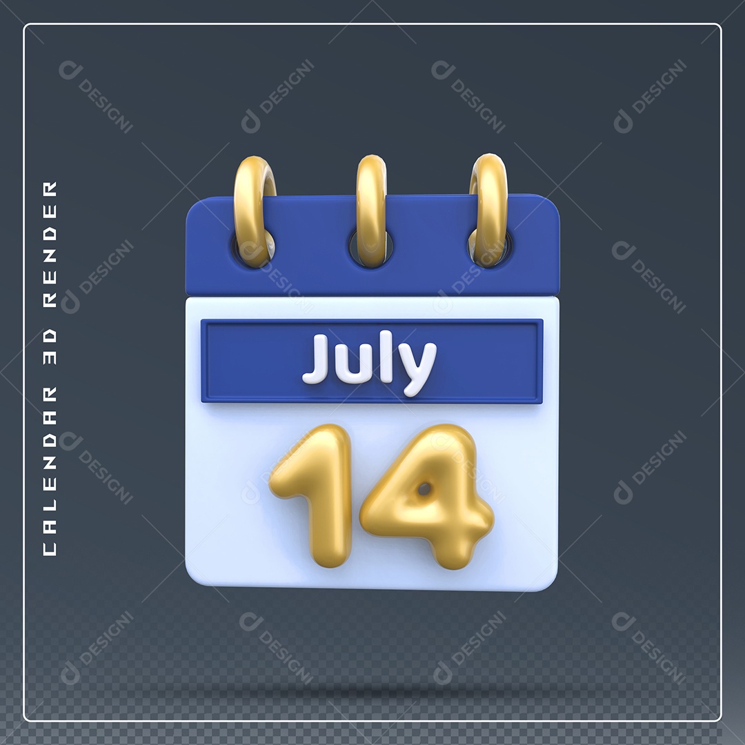 Calendário Do mês Julho Dia 14 Elemento 3D Dourado Azul Para Composição PSD