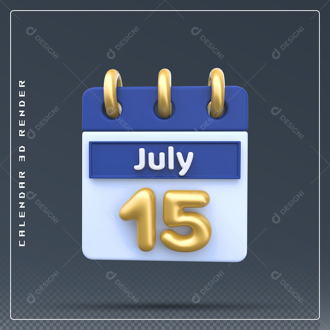 Calendário Do mês Julho Dia 15 Elemento 3D Dourado Azul Para Composição PSD