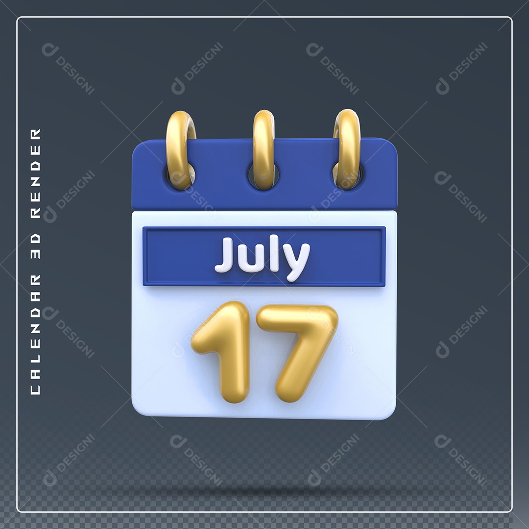 Calendário Do mês Julho Dia 17 Elemento 3D Dourado Azul Para Composição PSD
