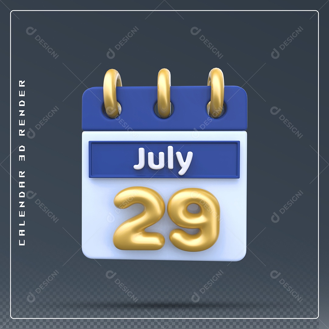Calendário Do mês Julho Dia 29 Elemento 3D Dourado Azul Para Composição PSD