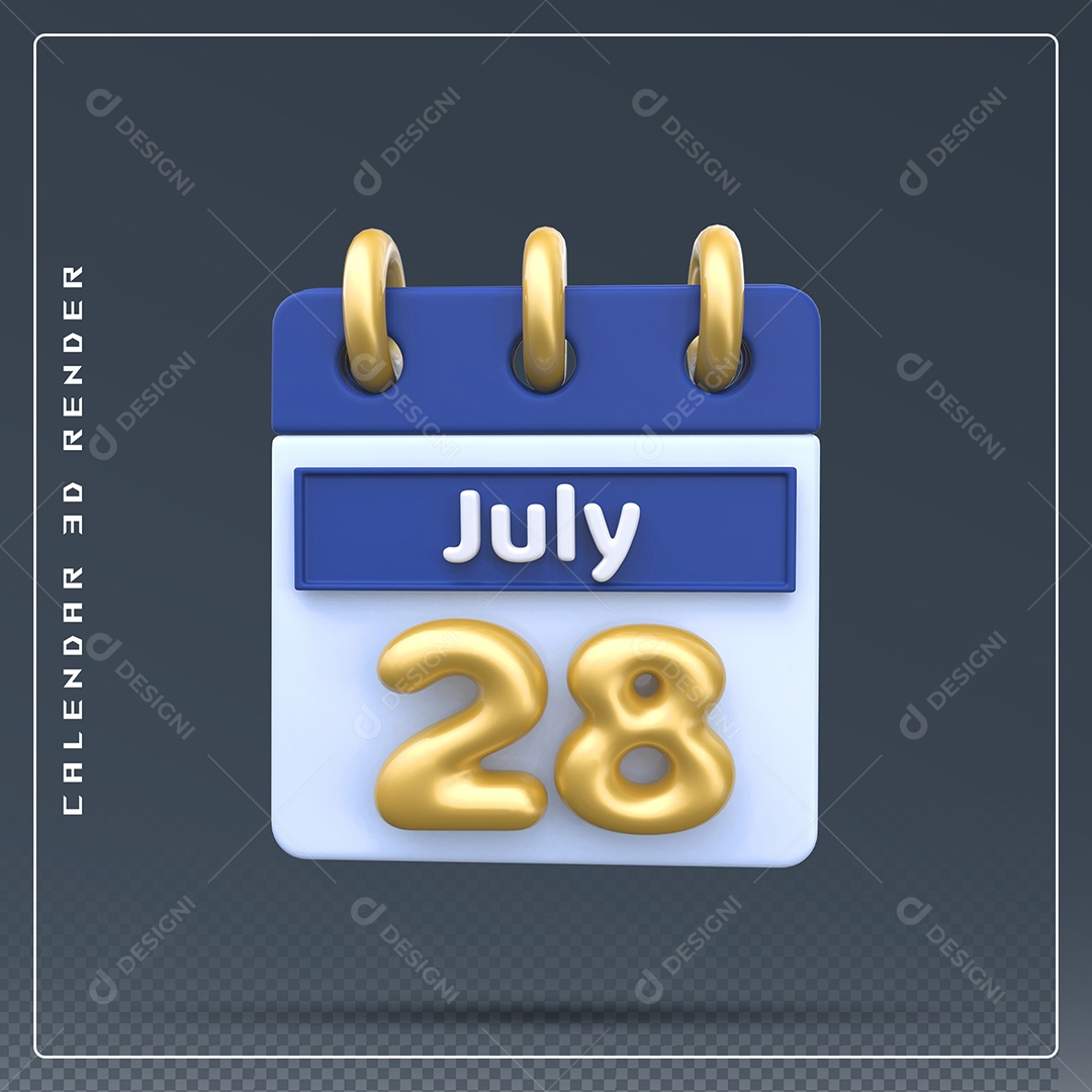 Calendário Do mês Julho Dia 28 Elemento 3D Dourado Azul Para Composição PSD