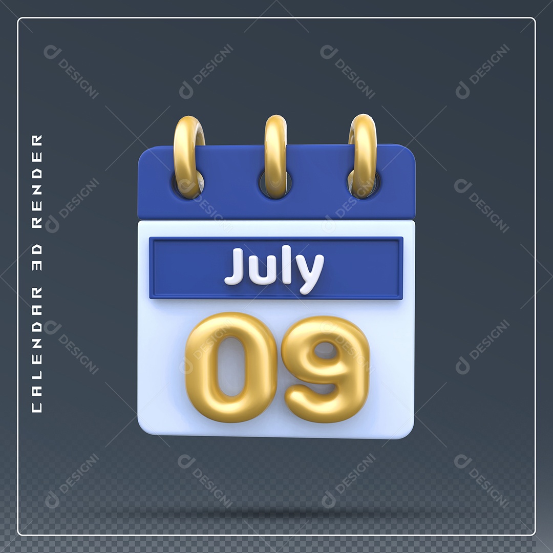 Calendário Do mês Julho Dia 09 Elemento 3D Dourado Azul Para Composição PSD