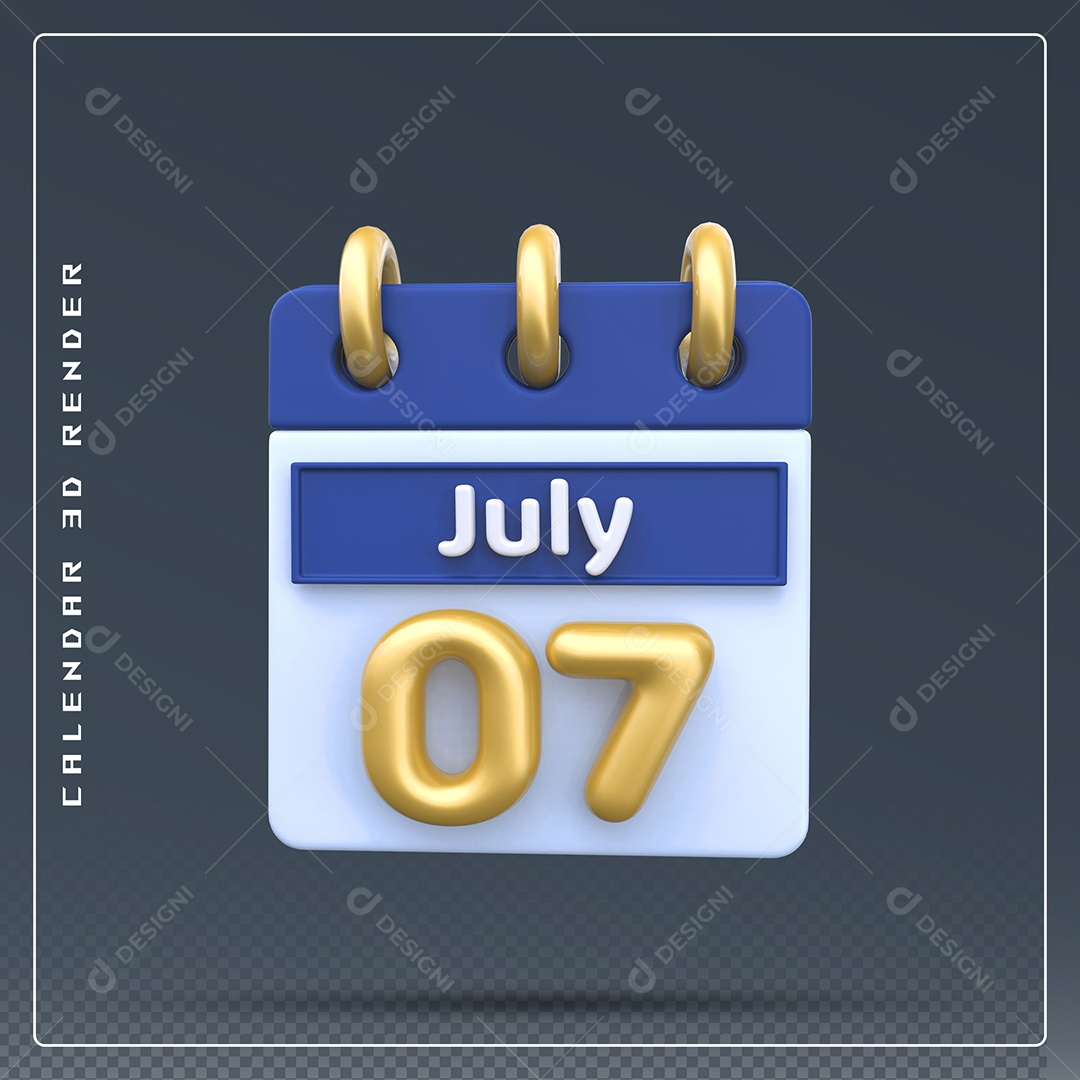 Calendário Do mês Julho Dia 07 Elemento 3D Dourado Azul Para Composição PSD