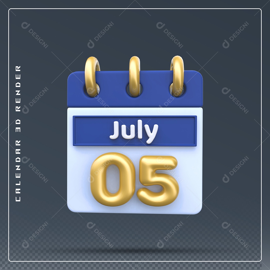 Calendário Do mês Julho Dia 05 Elemento 3D Dourado Azul Para Composição PSD
