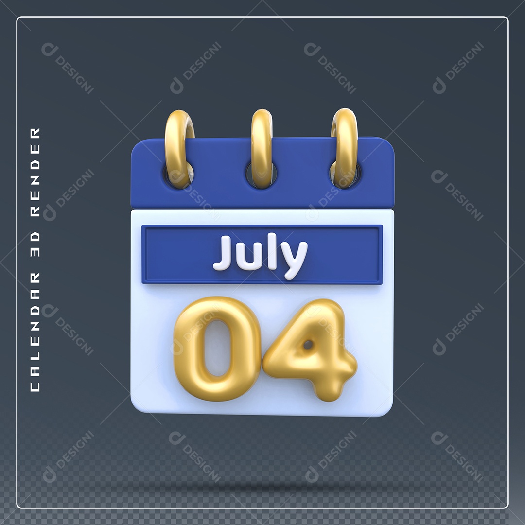 Calendário Do mês Julho Dia 04 Elemento 3D Dourado Azul Para Composição PSD