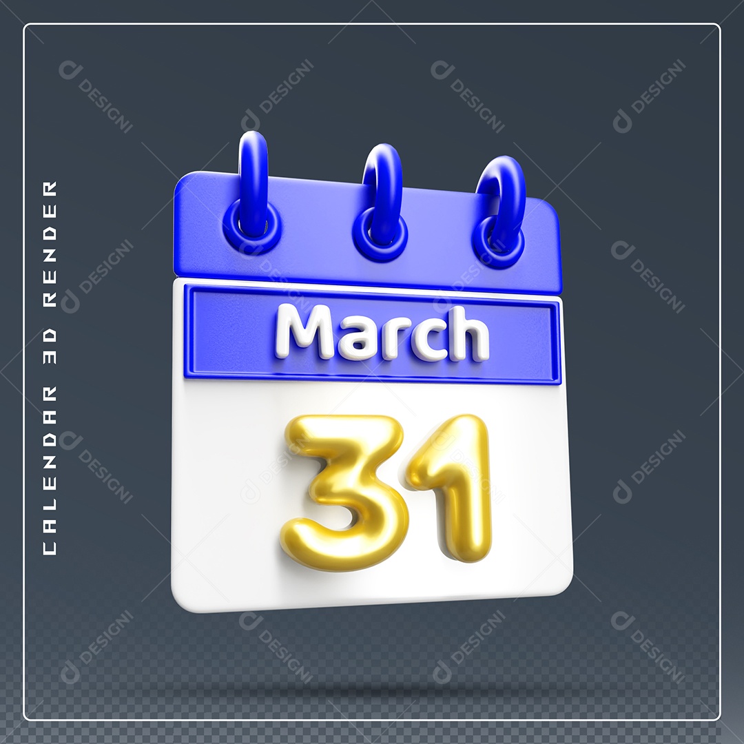 Calendário Do mês Março Dia 31 Elemento 3D Dourado Azul E Branco Para Composição PSD