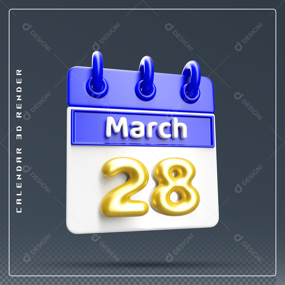 Calendário Do mês Março Dia 28 Elemento 3D Dourado Azul E Branco Para Composição PSD