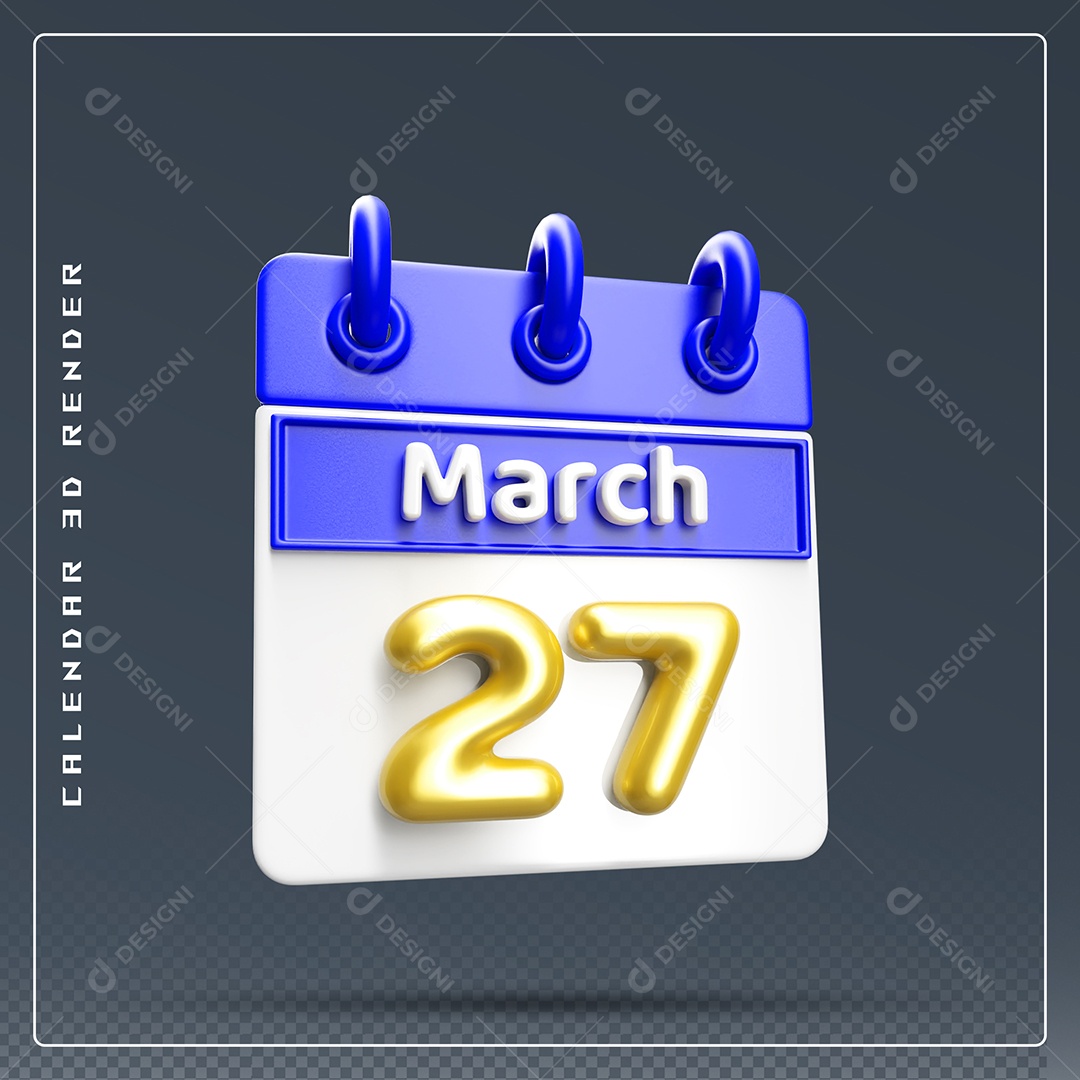 Calendário Do mês Março Dia 27 Elemento 3D Dourado Azul E Branco Para Composição PSD