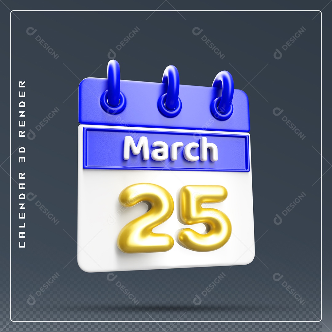 Calendário Do mês Março Dia 25 Elemento 3D Dourado Azul E Branco Para Composição PSD
