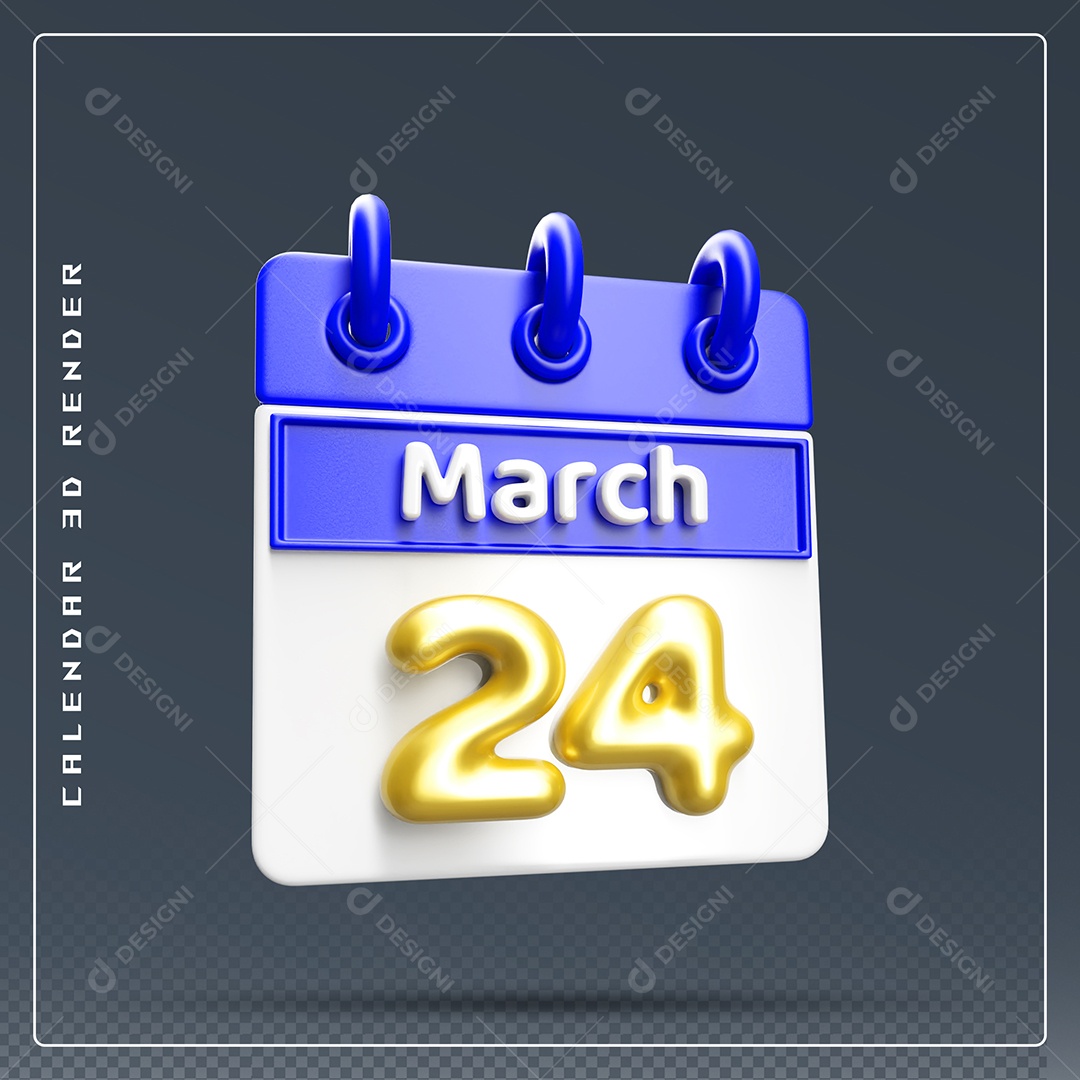 Calendário Do mês Março Dia 24 Elemento 3D Dourado Azul E Branco Para Composição PSD
