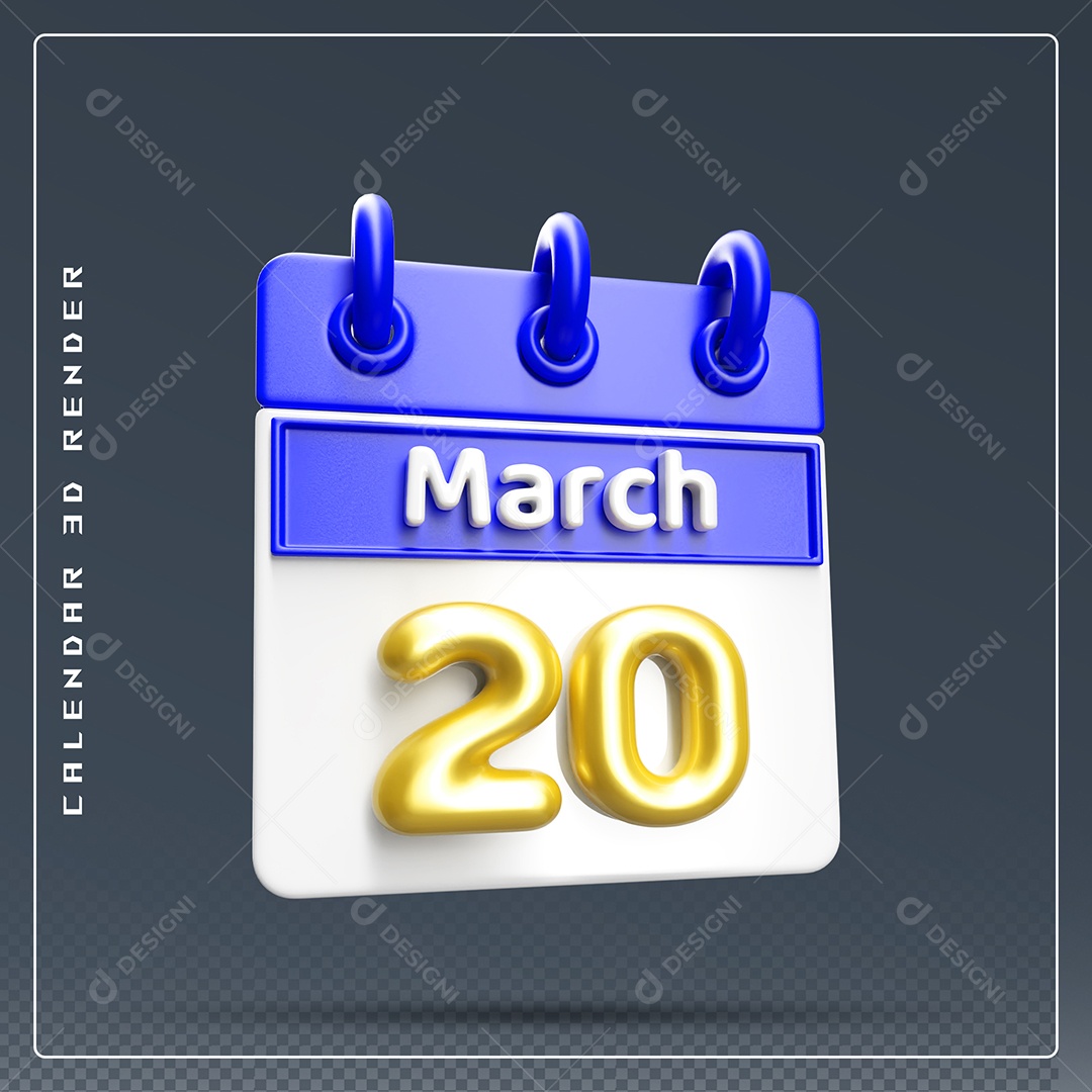 Calendário Do mês Março Dia 20 Elemento 3D Dourado Azul E Branco Para Composição PSD