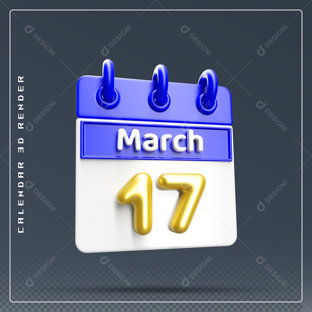 Calendário Do mês Março Dia 17 Elemento 3D Dourado Azul E Branco Para Composição PSD