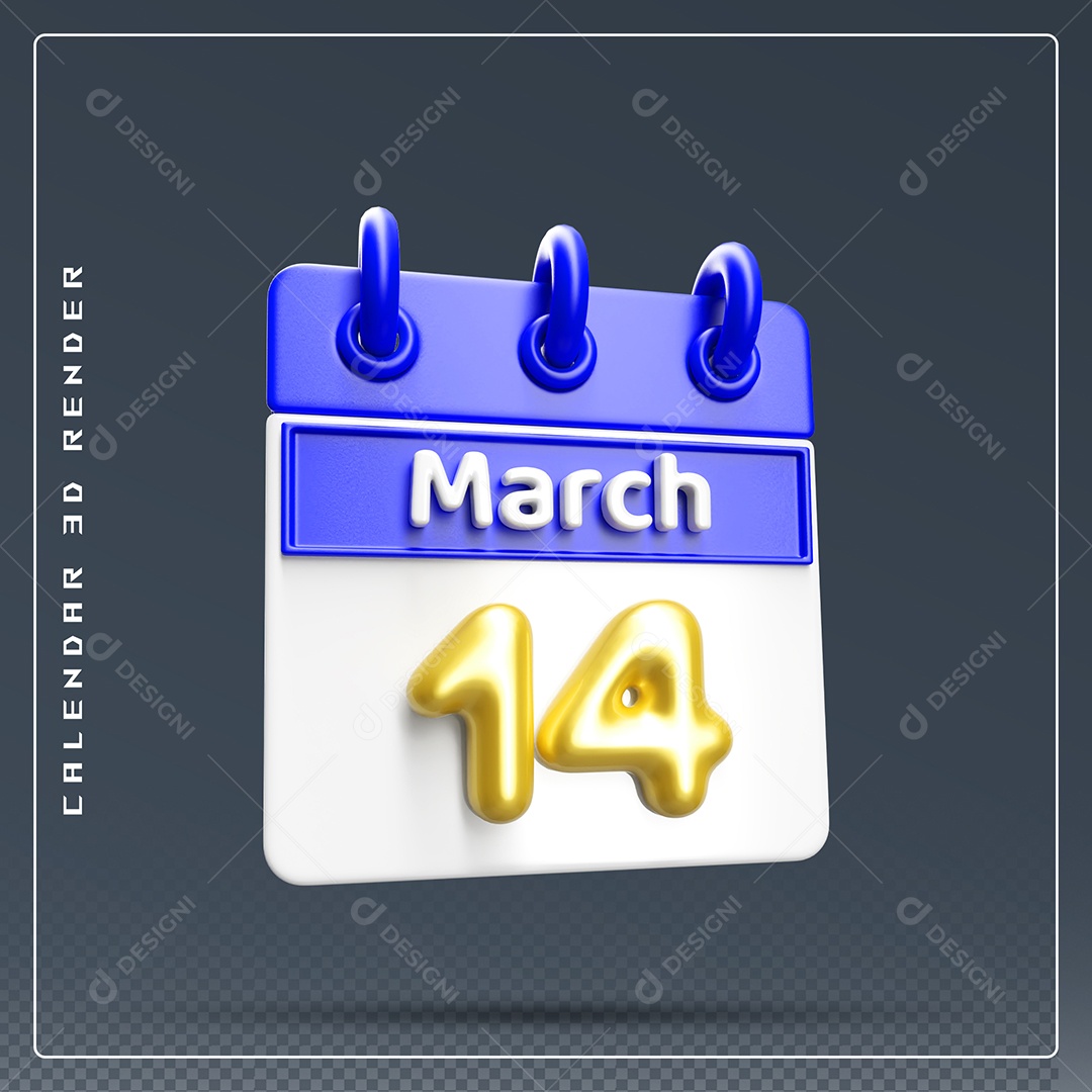 Calendário Do mês Março Dia 14 Elemento 3D Dourado Azul E Branco Para Composição PSD