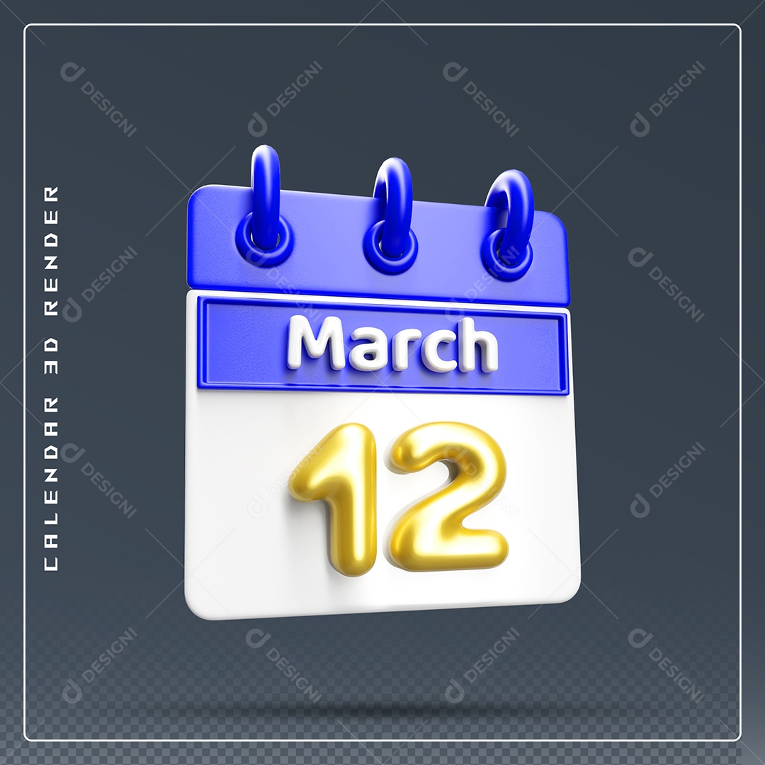 Calendário Do mês Março Dia 12 Elemento 3D Dourado Azul E Branco Para Composição PSD