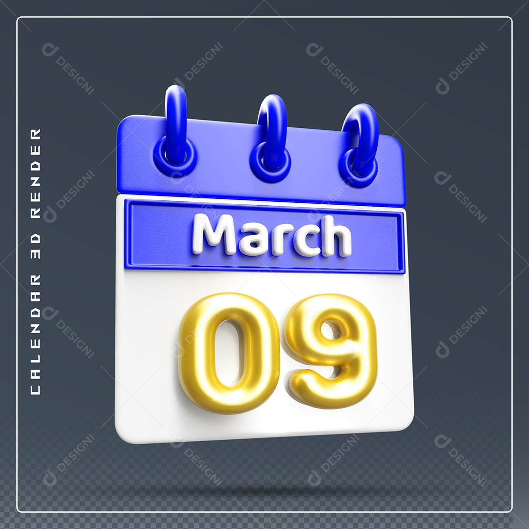 Calendário Do mês Março Dia 09 Elemento 3D Dourado Azul E Branco Para Composição PSD