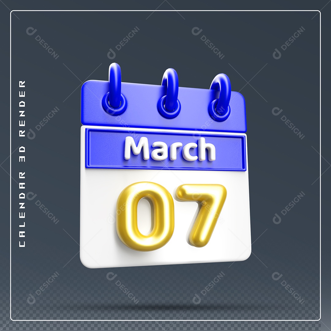 Calendário Do mês Março Dia 07 Elemento 3D Dourado Azul E Branco Para Composição PSD