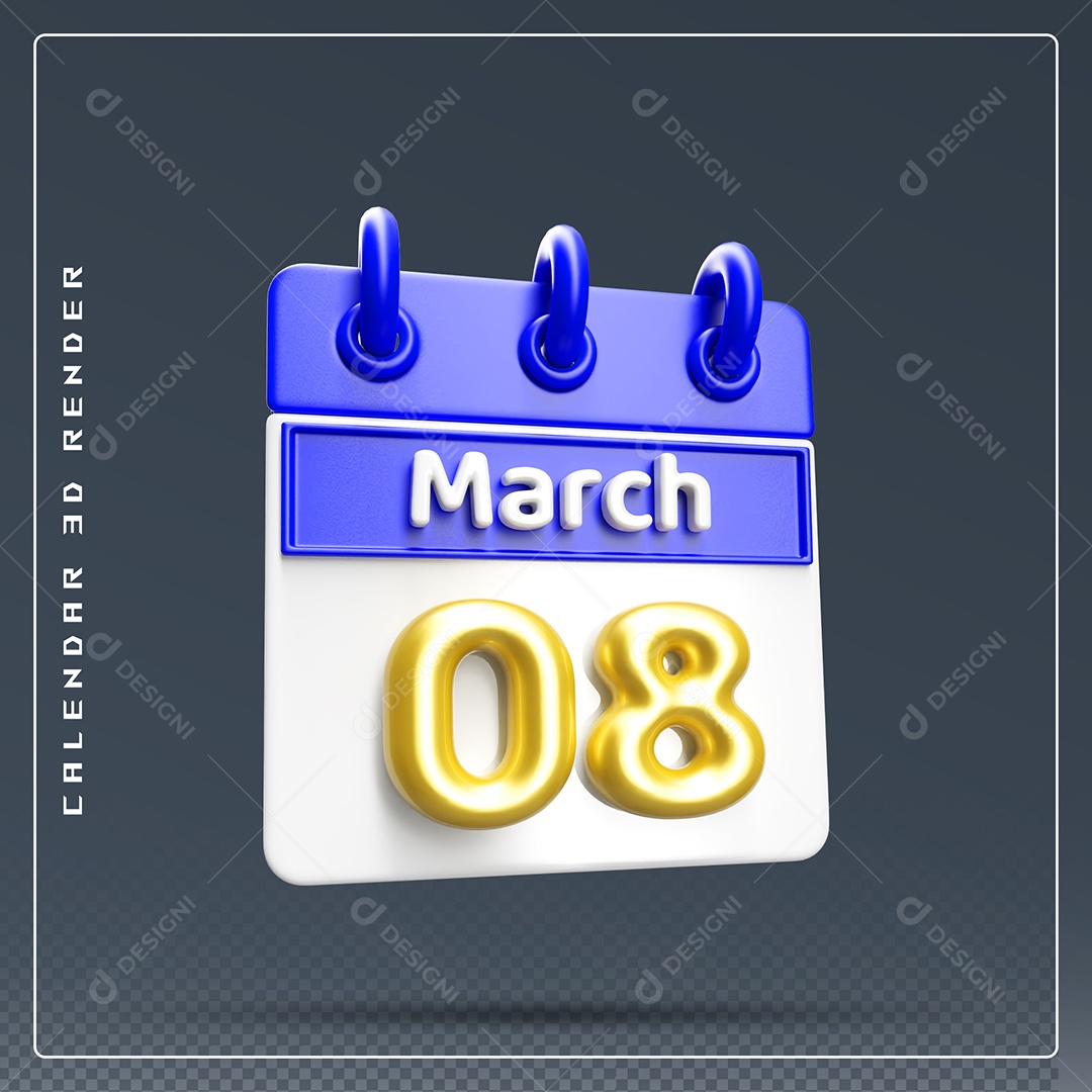 Calendário Do mês Março Dia 08 Elemento 3D Dourado Azul E Branco Para Composição PSD