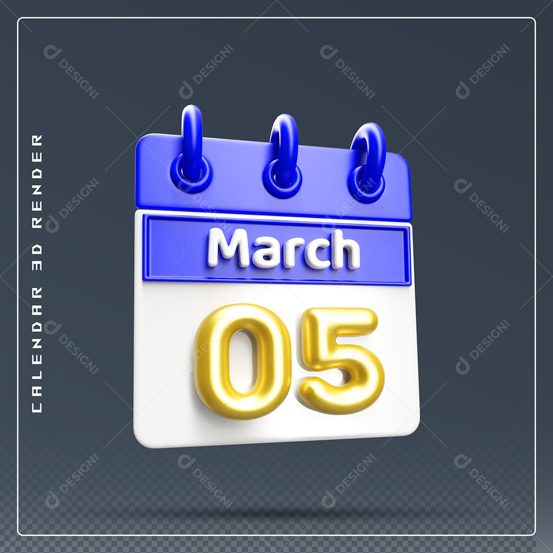 Calendário Do mês Março Dia 05 Elemento 3D Dourado Azul E Branco Para Composição PSD