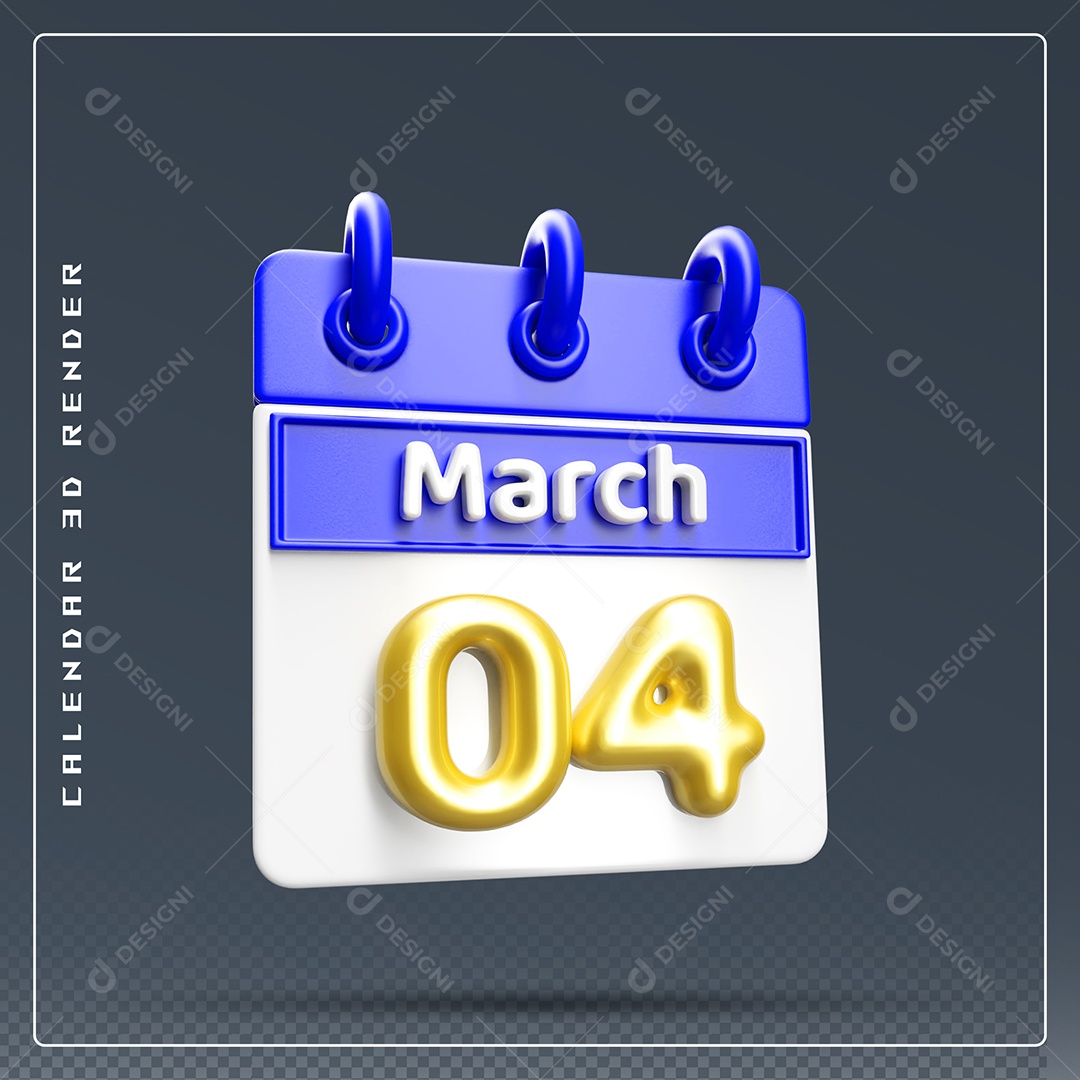Calendário Do mês Março Dia 04 Elemento 3D Dourado Azul E Branco Para Composição PSD
