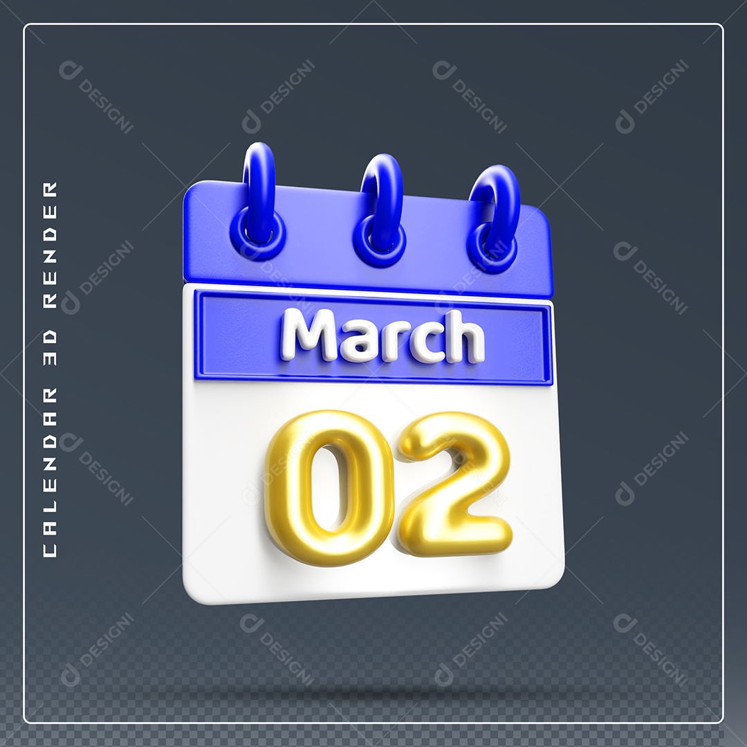 Calendário Do mês Março Dia 02 Elemento 3D Dourado Azul E Branco Para Composição PSD