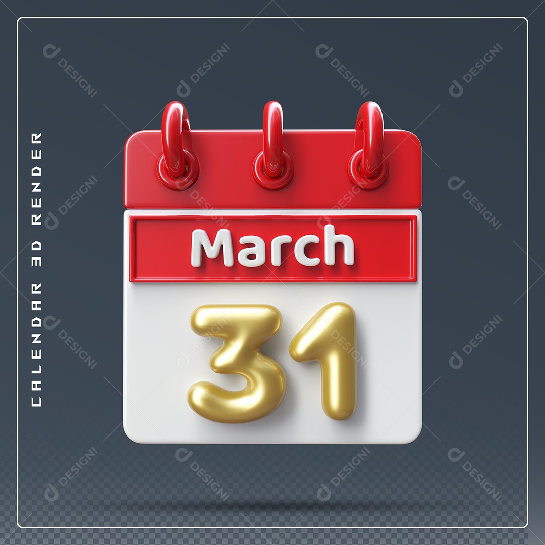 Calendário Do mês Março Dia 31 Elemento 3D Dourado Vermelho E Branco Para Composição PSD