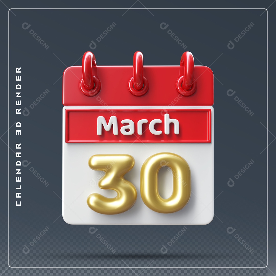 Calendário Do mês Março Dia 30 Elemento 3D Dourado Vermelho E Branco Para Composição PSD