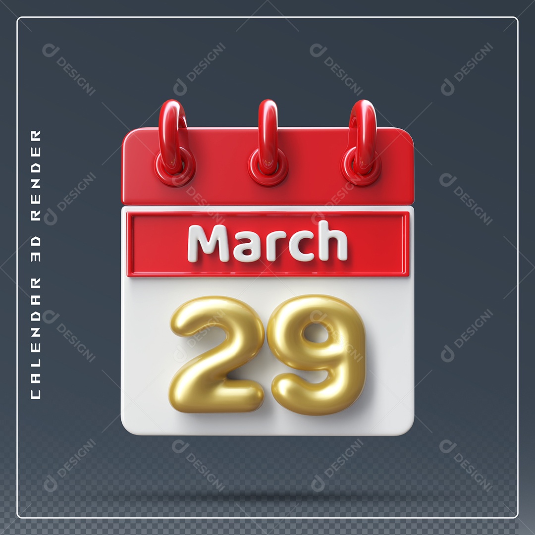 Calendário Do mês Março Dia 29 Elemento 3D Dourado Vermelho E Branco Para Composição PSD