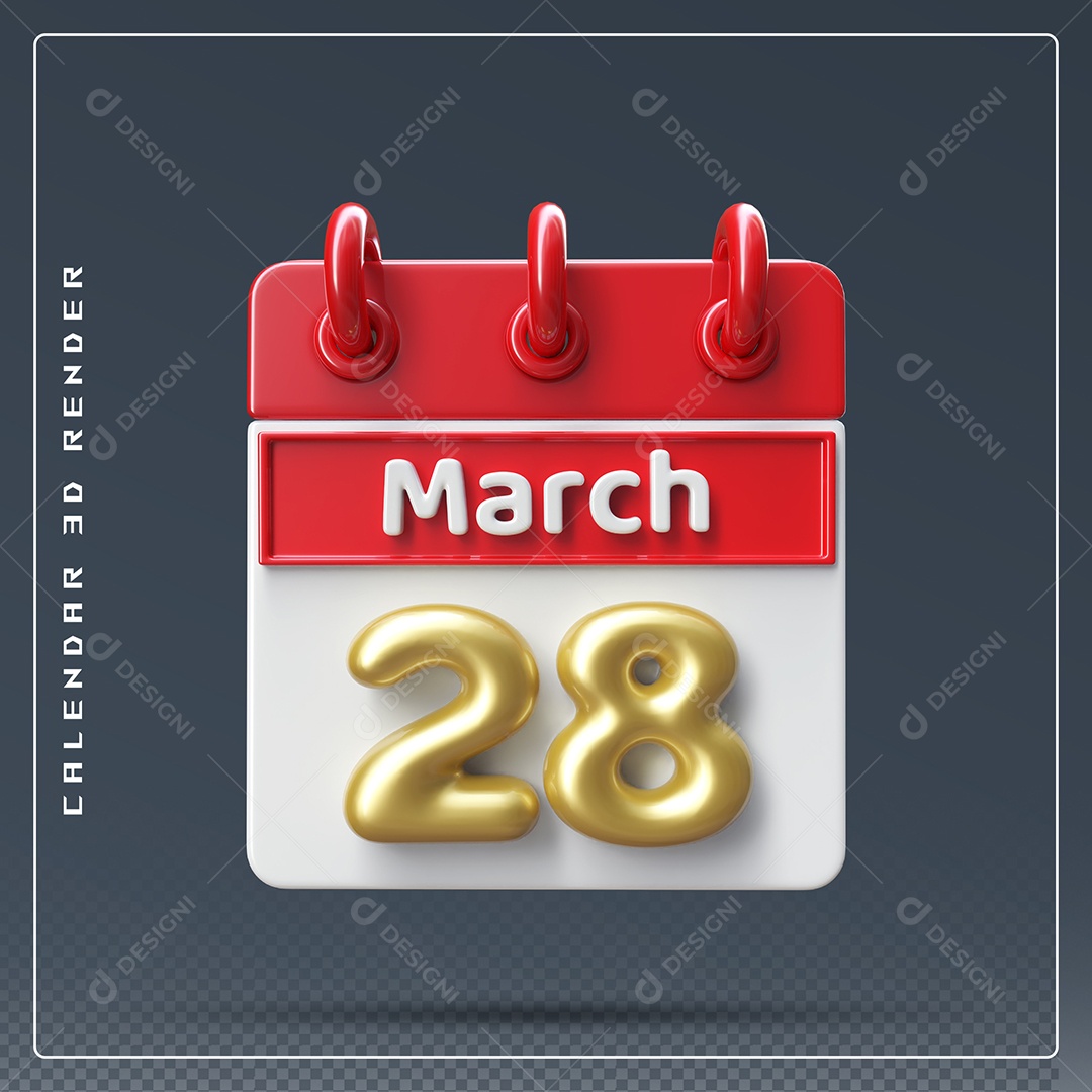 Calendário Do mês Março Dia 28 Elemento 3D Dourado Vermelho E Branco Para Composição PSD