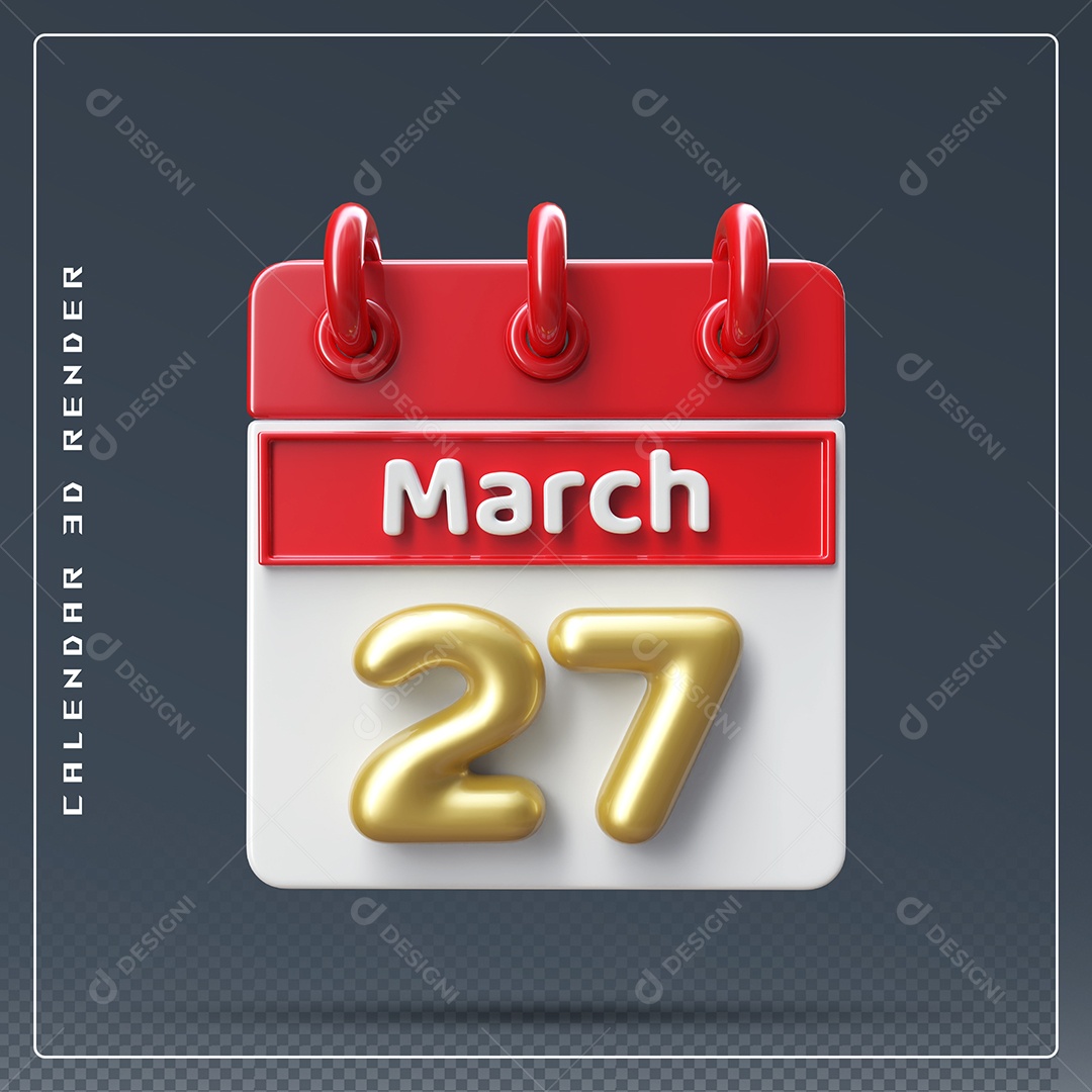 Calendário Do mês Março Dia 27 Elemento 3D Dourado Vermelho E Branco Para Composição PSD