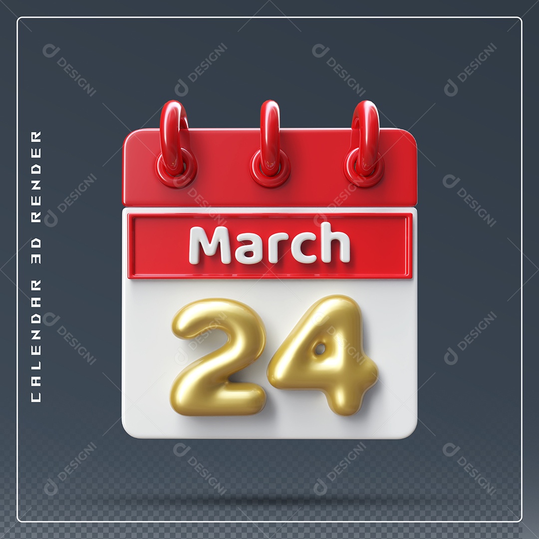 Calendário Do mês Março Dia 24 Elemento 3D Dourado Vermelho E Branco Para Composição PSD