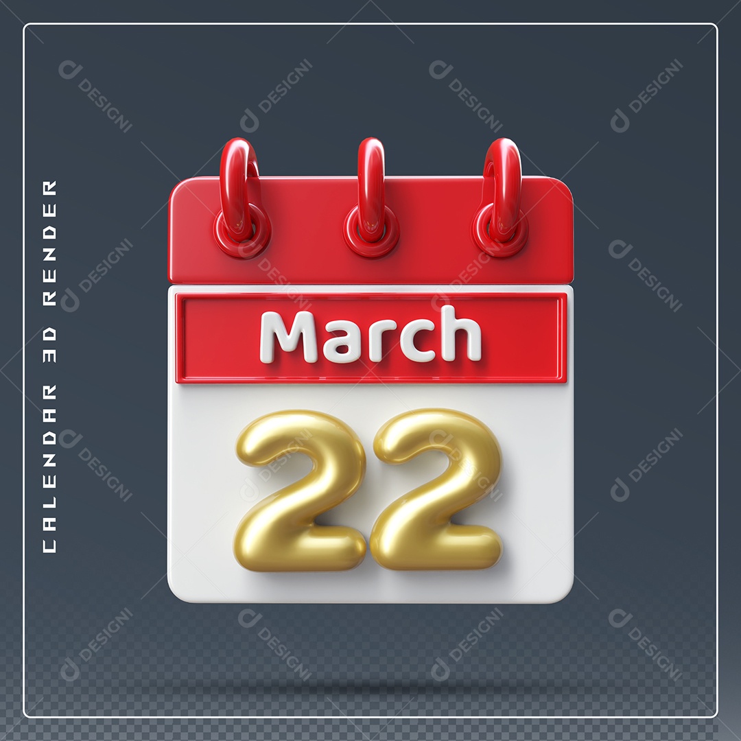 Calendário Do mês Março Dia 22 Elemento 3D Dourado Vermelho E Branco Para Composição PSD