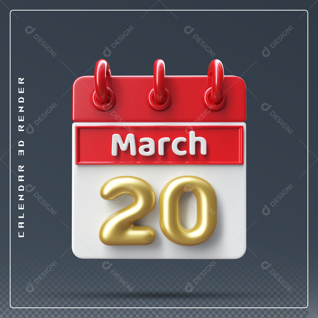 Calendário Do mês Março Dia 20 Elemento 3D Dourado Vermelho E Branco Para Composição PSD